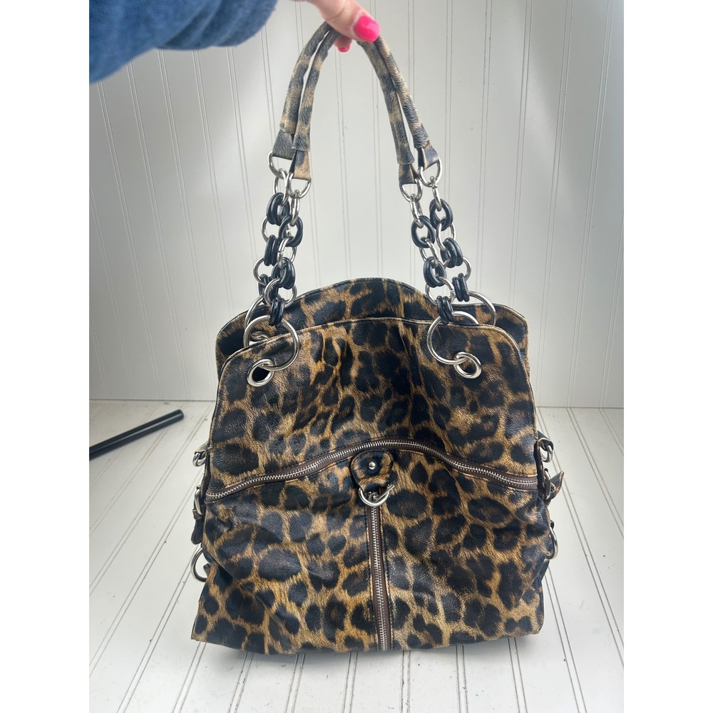 Leopard Print Slouchy Punk Grunge Edgy Vintage Y2K Chain Strap Shoulder Bag - Picture 9 of 13